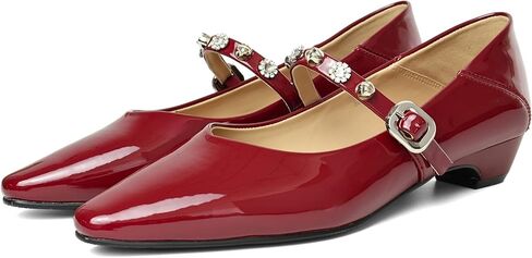كعب ماري جين للنساء، حذاء أنيق بمقدمة مدببة مريح، كعب عريض منخفض مع حزام قابل للتعديل من حجر الراين لحفلات الزفاف (أحمر/أبيض، مقاس 5.5-9) in Kuwait