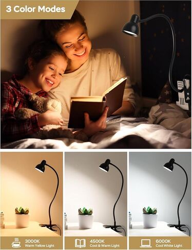 Clip on Light Reading Light for Bed 3 Color Modes 10 Dimmable Brightness Eye Care Clamp Desk Lamp 360° Flexible Desk Book Light for Reading Bed Headboard Computer Black in Kuwait