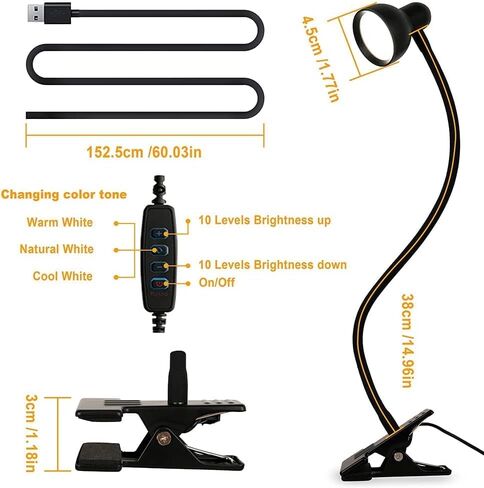 Clip on Light Reading Light for Bed 3 Color Modes 10 Dimmable Brightness Eye Care Clamp Desk Lamp 360° Flexible Desk Book Light for Reading Bed Headboard Computer Black in Kuwait