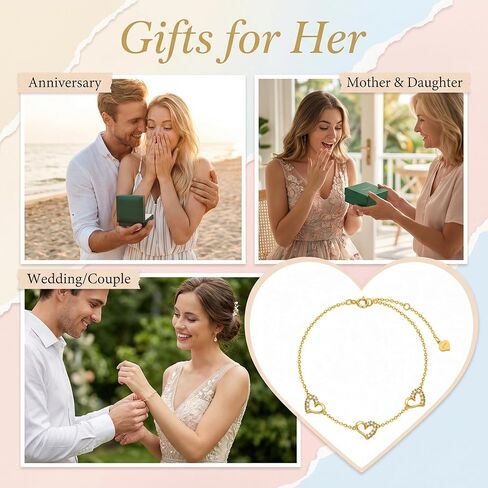 SISGEM Real 10k Gold Three Heart Bracelet for Women, 10 kt Gold Cubic Zirconia Love Wrist Jewelry Gifts for Sister/Wife/Girlfriend, Present for Her, 6.8-8.4 Inch in Kuwait