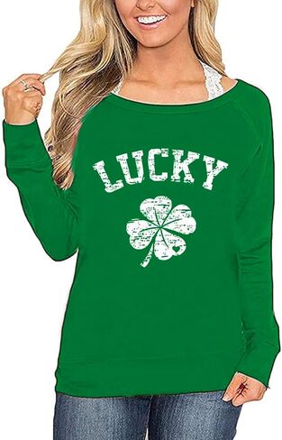 Roshop St Patricks Day Sweatshirt Women Green Long Sleeve Wide Boat Neck Lucky Shamrock Clover Irish Sweatshirts in Saudi Arabia