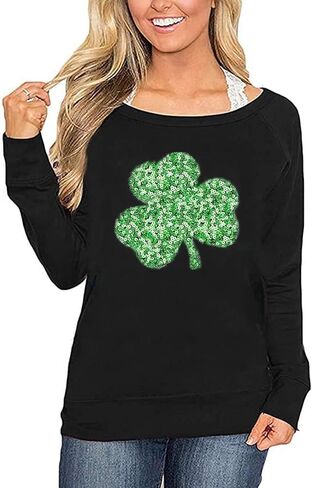 Roshop St Patricks Day Sweatshirt Women Green Long Sleeve Wide Boat Neck Lucky Shamrock Clover Irish Sweatshirts in Saudi Arabia