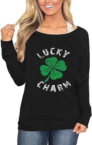 Roshop St Patricks Day Sweatshirt Women Green Long Sleeve Wide Boat Neck Lucky Shamrock Clover Irish Sweatshirts in Saudi Arabia