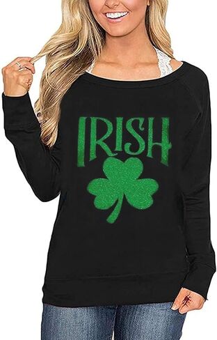 Roshop St Patricks Day Sweatshirt Women Green Long Sleeve Wide Boat Neck Lucky Shamrock Clover Irish Sweatshirts in Saudi Arabia