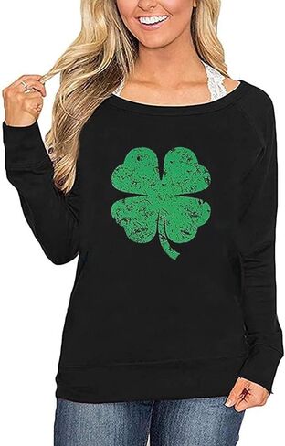 Roshop St Patricks Day Sweatshirt Women Green Long Sleeve Wide Boat Neck Lucky Shamrock Clover Irish Sweatshirts in Saudi Arabia