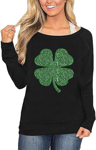 Roshop St Patricks Day Sweatshirt Women Green Long Sleeve Wide Boat Neck Lucky Shamrock Clover Irish Sweatshirts in Saudi Arabia