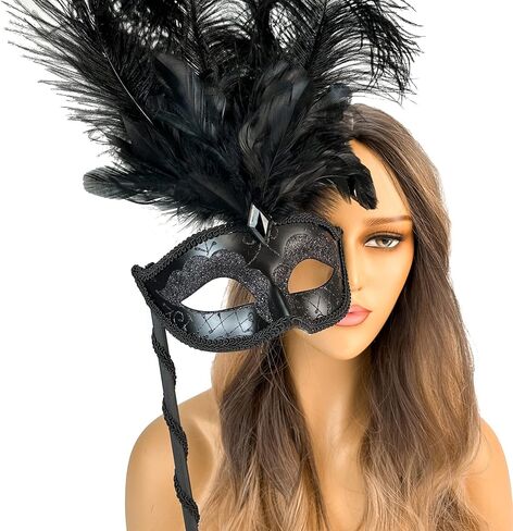 Venetian Masquerade Mask with Holding Stick for Women Feather Mardi Gras Masks Masquerade Ball Masks for Women in Saudi Arabia
