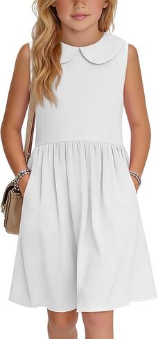 Girls' Sleeveless Dress Doll Collar A-line Tank Dresses Casual Cute Basic Swing Dresses with Pockets 4-13 Years in Saudi Arabia