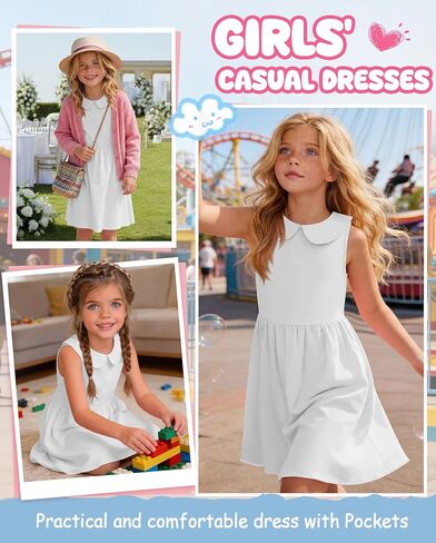 Girls' Sleeveless Dress Doll Collar A-line Tank Dresses Casual Cute Basic Swing Dresses with Pockets 4-13 Years in Saudi Arabia