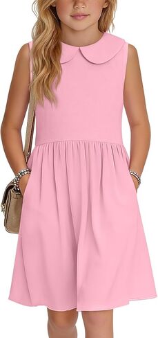 Girls' Sleeveless Dress Doll Collar A-line Tank Dresses Casual Cute Basic Swing Dresses with Pockets 4-13 Years in Saudi Arabia