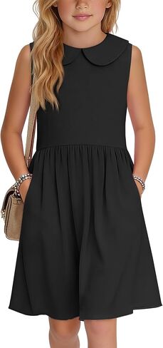 Girls' Sleeveless Dress Doll Collar A-line Tank Dresses Casual Cute Basic Swing Dresses with Pockets 4-13 Years in Saudi Arabia