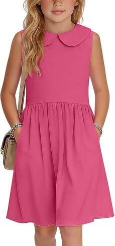 Girls' Sleeveless Dress Doll Collar A-line Tank Dresses Casual Cute Basic Swing Dresses with Pockets 4-13 Years in Saudi Arabia