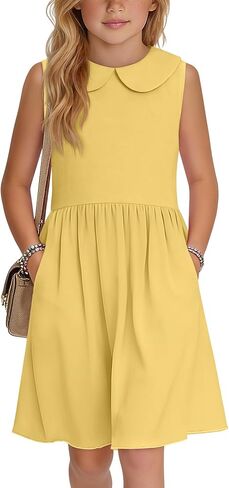 Girls' Sleeveless Dress Doll Collar A-line Tank Dresses Casual Cute Basic Swing Dresses with Pockets 4-13 Years in Saudi Arabia