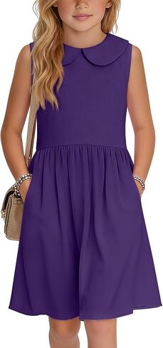 Girls' Sleeveless Dress Doll Collar A-line Tank Dresses Casual Cute Basic Swing Dresses with Pockets 4-13 Years in Saudi Arabia