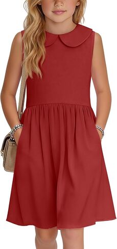 Girls' Sleeveless Dress Doll Collar A-line Tank Dresses Casual Cute Basic Swing Dresses with Pockets 4-13 Years in Saudi Arabia
