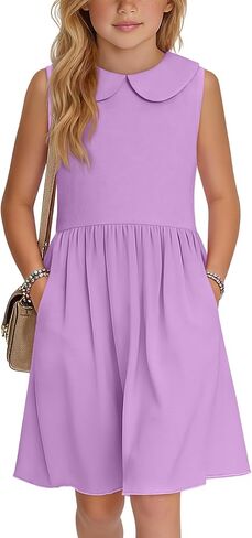 Girls' Sleeveless Dress Doll Collar A-line Tank Dresses Casual Cute Basic Swing Dresses with Pockets 4-13 Years in Saudi Arabia