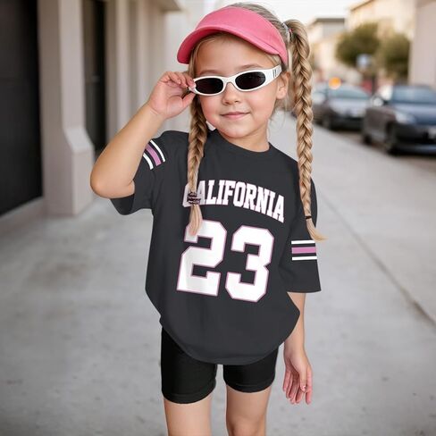 KIEKIECOO Girl's Number Graphic Jersey Tees Y2k Girls Sports Jerseys Kids Cotton Shirts Cute Print Round Neck Summer Tops in Saudi Arabia