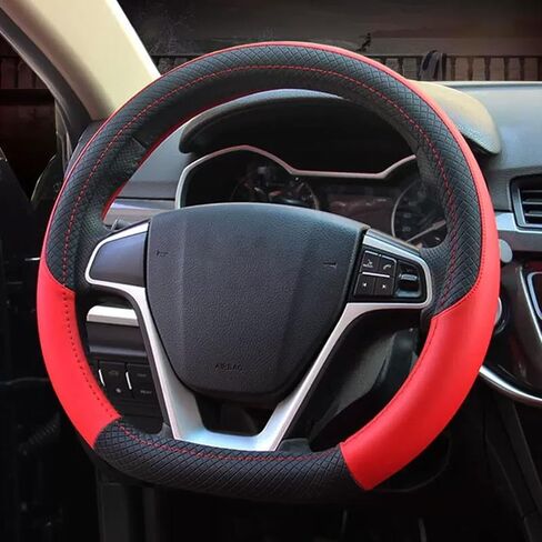 D Shape Car Steering Wheel Cover, Universal 15 inch Stitching Color Anti-Slip Steering Wheel Protector, Red and Black Style (Red and Black D Shape) in Saudi Arabia