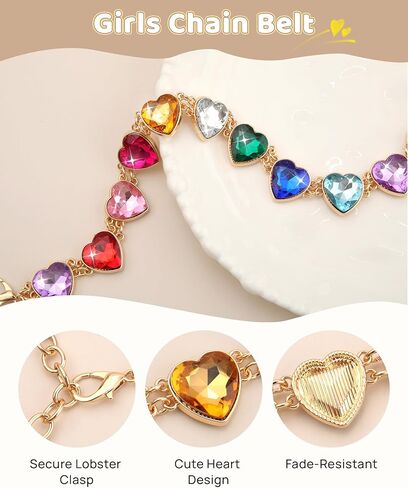 Kajeer Girl Belts Rhinestone,Kid Heart Chain Adjustable Solid Colorful Metal Waist Belt for Dresses Jeans Flower Girl in Kuwait