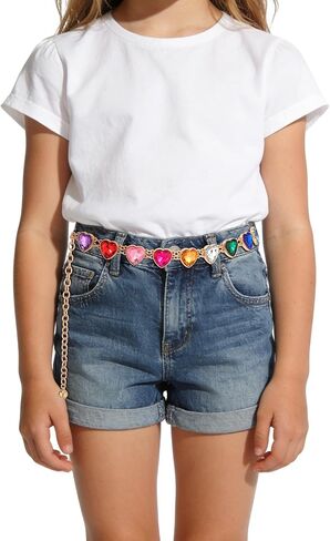 Kajeer Girl Belts Rhinestone,Kid Heart Chain Adjustable Solid Colorful Metal Waist Belt for Dresses Jeans Flower Girl in Kuwait