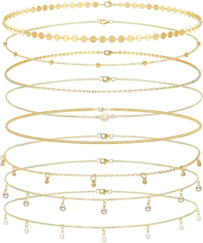 8Pcs Gold Waist Chain Set for Women Sexy Belly Body Chains Pearl Sequin Snake Bead Chains Belt Beach Bikini Jewelry Accessories Adjustable for Summer Holiday Party in Saudi Arabia