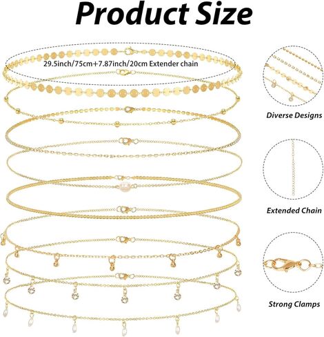 8Pcs Gold Waist Chain Set for Women Sexy Belly Body Chains Pearl Sequin Snake Bead Chains Belt Beach Bikini Jewelry Accessories Adjustable for Summer Holiday Party in Saudi Arabia
