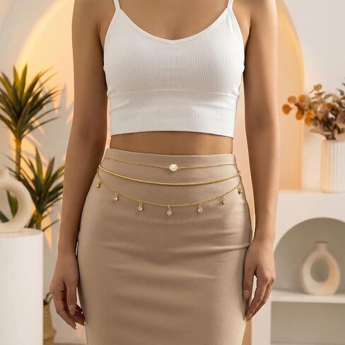 8Pcs Gold Waist Chain Set for Women Sexy Belly Body Chains Pearl Sequin Snake Bead Chains Belt Beach Bikini Jewelry Accessories Adjustable for Summer Holiday Party in Saudi Arabia