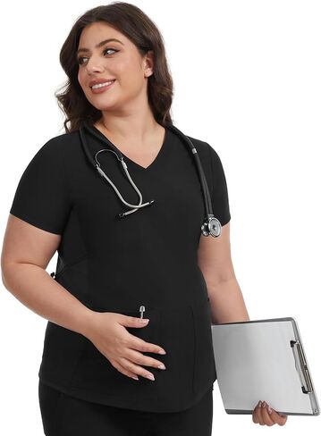 قميص علوي للحوامل، قميص برقبة على شكل حرف V، فرك طبي للحمل مع جيبين وخصر قابل للتعديل، ملابس عمل سهلة العناية in Kuwait