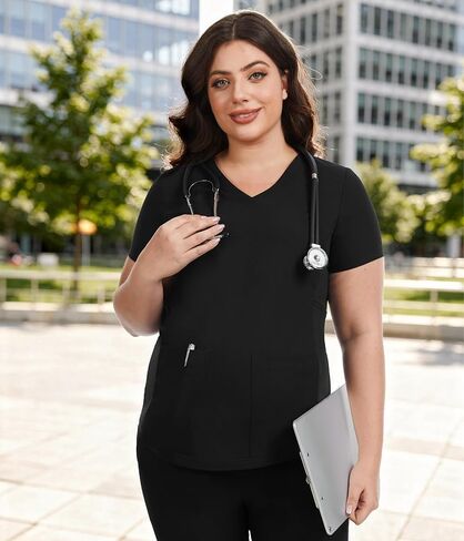 قميص علوي للحوامل، قميص برقبة على شكل حرف V، فرك طبي للحمل مع جيبين وخصر قابل للتعديل، ملابس عمل سهلة العناية in Kuwait