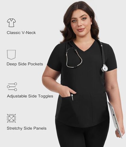 قميص علوي للحوامل، قميص برقبة على شكل حرف V، فرك طبي للحمل مع جيبين وخصر قابل للتعديل، ملابس عمل سهلة العناية in Kuwait