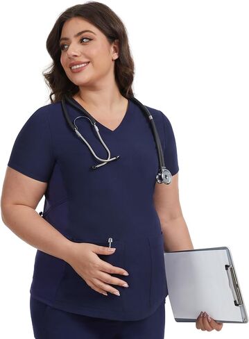 قميص علوي للحوامل، قميص برقبة على شكل حرف V، فرك طبي للحمل مع جيبين وخصر قابل للتعديل، ملابس عمل سهلة العناية in Kuwait