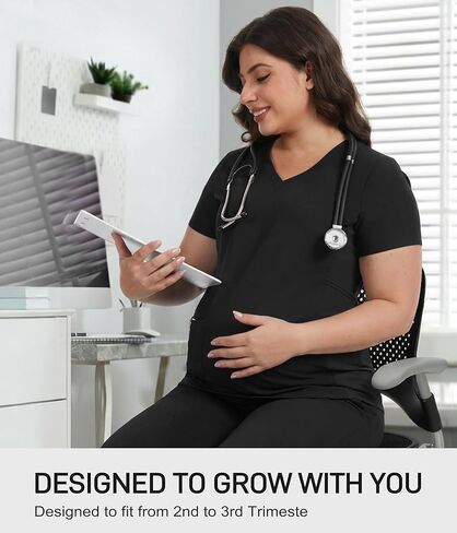 قميص علوي للحوامل، قميص برقبة على شكل حرف V، فرك طبي للحمل مع جيبين وخصر قابل للتعديل، ملابس عمل سهلة العناية in Kuwait