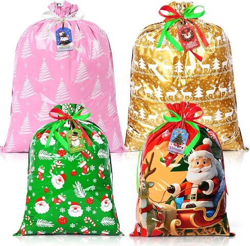 AhfuLife 32pcs Christmas Drawstring Gift Bags with Tags, 5 Assorted Size Xmas Gift Wrapping Bags, Christmas Extra Large Medium Small Gift Bags Bulk for Party Decorations in Saudi Arabia