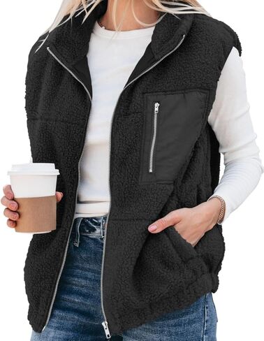Women's Oversized Sherpa Vest Casual Warm Fleece Fuzzy Jackets Sleeveless Zip Up Cozy Vests Outerwear with Pockets in Kuwait