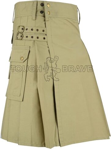 Men’s Khaki Utility Kilt – Polyester Cotton Work Kilt with Cargo Pockets, Heavy Duty Tactical Style in Saudi Arabia
