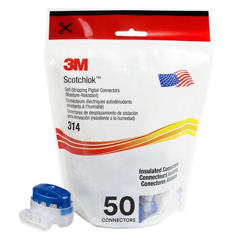 3M Scotchlok Electrical IDC (Insulation Displacement Connector) 314-BOX, Pigtail, Self-Stripping, Moisture-Resistant, Blue, 22-14 AWG (solid/stranded), Pack of 50 in Kuwait