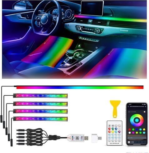 مصابيح LED أكريليك 5 في 1 للسيارة، مصابيح LED داخلية للسيارة ذات إضاءة محيطة RGB مع 16 مليون لون، مزامنة الموسيقى، التطبيق وUSB وجهاز التحكم عن بعد، أضواء السيارة الداخلية لديكورات لوحة القيادة. in Kuwait