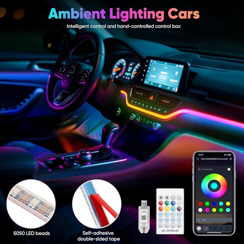 مصابيح LED أكريليك 5 في 1 للسيارة، مصابيح LED داخلية للسيارة ذات إضاءة محيطة RGB مع 16 مليون لون، مزامنة الموسيقى، التطبيق وUSB وجهاز التحكم عن بعد، أضواء السيارة الداخلية لديكورات لوحة القيادة. in Kuwait