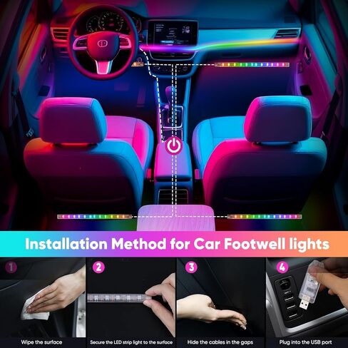 مصابيح LED أكريليك 5 في 1 للسيارة، مصابيح LED داخلية للسيارة ذات إضاءة محيطة RGB مع 16 مليون لون، مزامنة الموسيقى، التطبيق وUSB وجهاز التحكم عن بعد، أضواء السيارة الداخلية لديكورات لوحة القيادة. in Kuwait