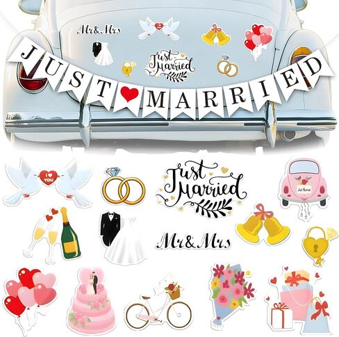 KatchOn، مغناطيس السيارة Just Married - عبوة من 15 قطعة | لافتة الزواج للتو لزينة الزفاف | طقم تزيين سيارة الزفاف | ملصق مغناطيسي متعدد الألوان لديكور الذكرى السنوية، مغناطيس ثلاجة للزواج فقط in Saudi Arabia