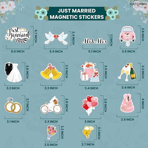 KatchOn، مغناطيس السيارة Just Married - عبوة من 15 قطعة | لافتة الزواج للتو لزينة الزفاف | طقم تزيين سيارة الزفاف | ملصق مغناطيسي متعدد الألوان لديكور الذكرى السنوية، مغناطيس ثلاجة للزواج فقط in Saudi Arabia