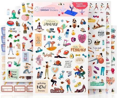 Oriday Health & Wellness, Workout - Set of 366 Stickers, 6 Sheets for Fitness Stickers - Mom, Student, Habit Tracker, for Monthly, Weekly & Daily Planner, Calendar or Journal - Sticker Book for Women in Kuwait