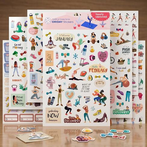 Oriday Health & Wellness, Workout - Set of 366 Stickers, 6 Sheets for Fitness Stickers - Mom, Student, Habit Tracker, for Monthly, Weekly & Daily Planner, Calendar or Journal - Sticker Book for Women in Kuwait