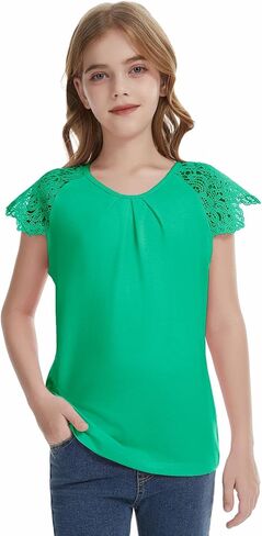Girls Ruffle Eyelet Sleeve Shirts Kids Summer Pleated Neck Trendy Cute Teen Tops Kids Tees 5-14 Years in Saudi Arabia