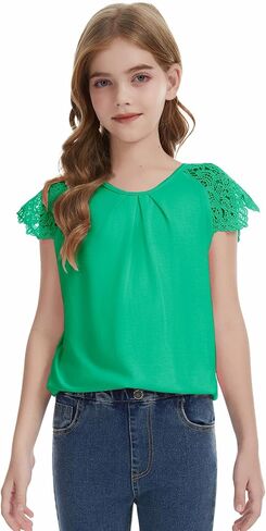 Girls Ruffle Eyelet Sleeve Shirts Kids Summer Pleated Neck Trendy Cute Teen Tops Kids Tees 5-14 Years in Saudi Arabia