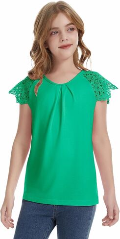 Girls Ruffle Eyelet Sleeve Shirts Kids Summer Pleated Neck Trendy Cute Teen Tops Kids Tees 5-14 Years in Saudi Arabia