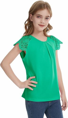 Girls Ruffle Eyelet Sleeve Shirts Kids Summer Pleated Neck Trendy Cute Teen Tops Kids Tees 5-14 Years in Saudi Arabia