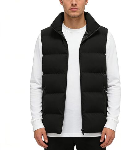 Men's Vest Coat, Winter Warm Cotton Vest Vest, Stand Up Collar Sleeveless Zipper With Pockets (Black, XL) in Saudi Arabia