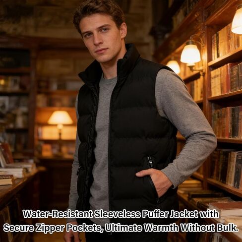 Men's Vest Coat, Winter Warm Cotton Vest Vest, Stand Up Collar Sleeveless Zipper With Pockets (Black, XL) in Saudi Arabia