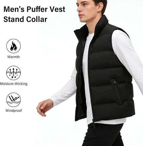 Men's Vest Coat, Winter Warm Cotton Vest Vest, Stand Up Collar Sleeveless Zipper With Pockets (Black, XL) in Saudi Arabia